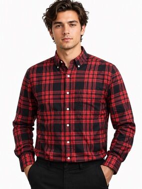 Vintage Viyella Men's Red and Black Plaid Shirt - made in Canada